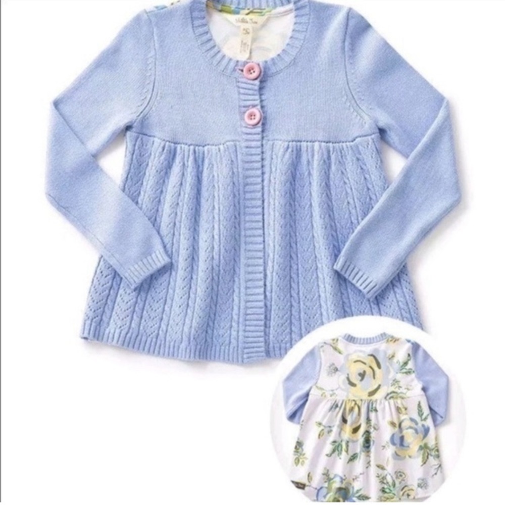 MATILDA JANE I SPY LITTLE ONE PERIWINKLE CABLE BUTTON FLORAL LAYER CARDIGAN